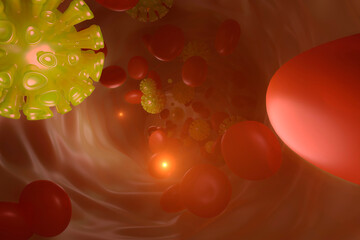 3D Rendered illustration of red blood cells and Coronavirus in bloodstream
