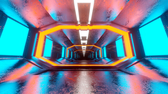 Three dimensional render of futuristic corridor inside spaceship or space station