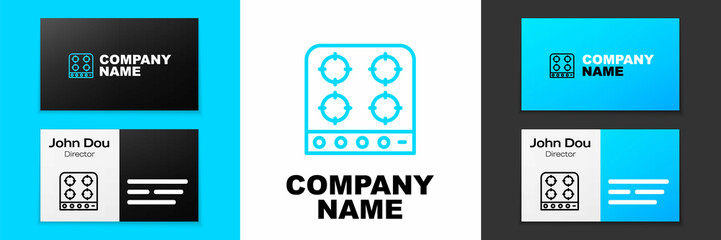 Blue line Gas stove icon isolated on white background. Cooktop sign. Hob with four circle burners. Logo design template element. Vector