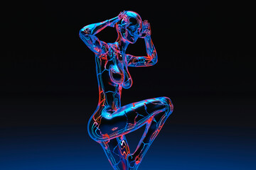 3D illustration of female character made out of burning energy dancing against blue background