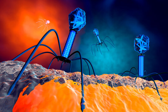 Three dimensional render of bacteriophage viruses
