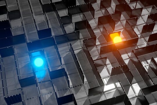 Three dimensional render of two glowing orbs lost in maze