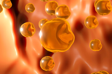 Three dimensional render of cholesterol molecules floating in human body
