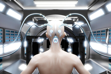 3D rendered illustration, a human characters brain connected digitally and electronically with wires.