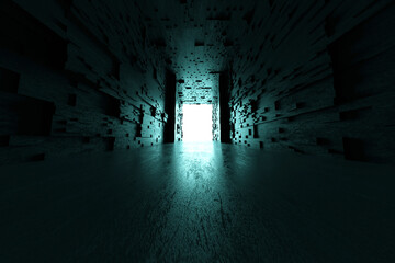 Glowing gate at end of dark spooky futuristic corridor