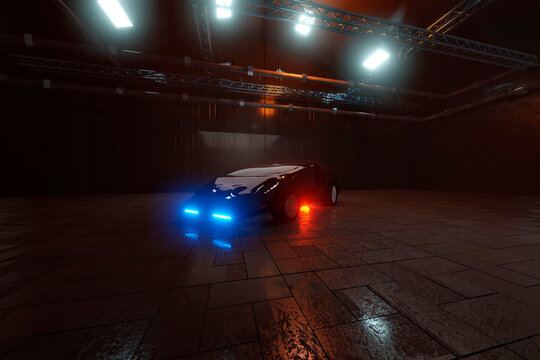 Three Dimensional Render Of Futuristic Sports Car Inside Large Warehouse