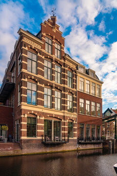 Netherlands, South Holland, Leiden, Historical store by city canal