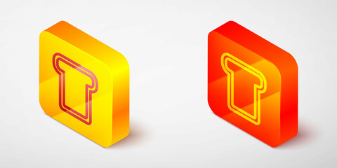 Isometric line Bread toast for sandwich piece of roasted crouton icon isolated on grey background. Lunch, dinner, breakfast snack. Yellow and orange square button. Vector