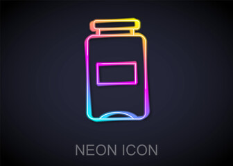 Glowing neon line Jam jar icon isolated on black background. Vector