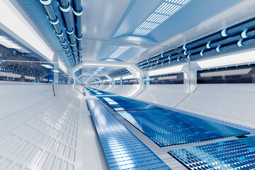 3D rendered illustration of empty illuminated spaceship corridor