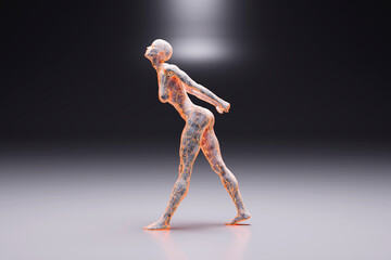 3D illustration of female character made out of concrete and burning energy against black background