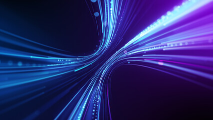 High tech abstract background with colorful light trails. Futuristic power stream motion in cyberspace. Bright stripes and shiny particle illustration for innovation data flow concept. 