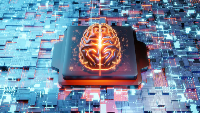 Illustration of three dimensional human brain on circuit board