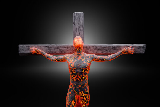 3D illustration of male character symbolizing crucified Jesus made of energy and concrete