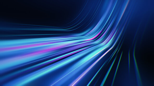 Colorful light trail illustration. Blue technology background with energy stream. Abstract dynamic flow for sci fi concept.