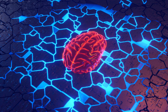 Three dimensional render of human brain lying on glowing circuit board