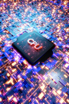 Three dimensional illustration of CPU on Illuminated motherboard
