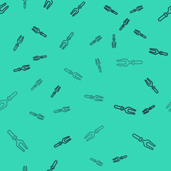 Black line Barbecue fork icon isolated seamless pattern on green background. BBQ fork sign. Barbecue and grill tool. Vector