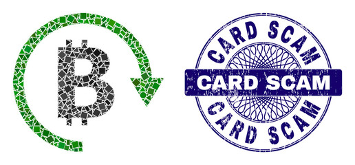 Geometric collage bitcoin repay, and Card Scam dirty seal print. Violet seal has Card Scam caption inside round shape. Vector bitcoin repay collage is created of scattered round, triangle,