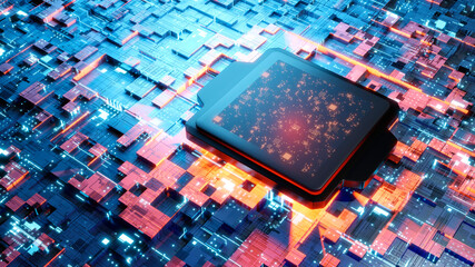 3D rendered Illustration of CPU processor unit on motherboard