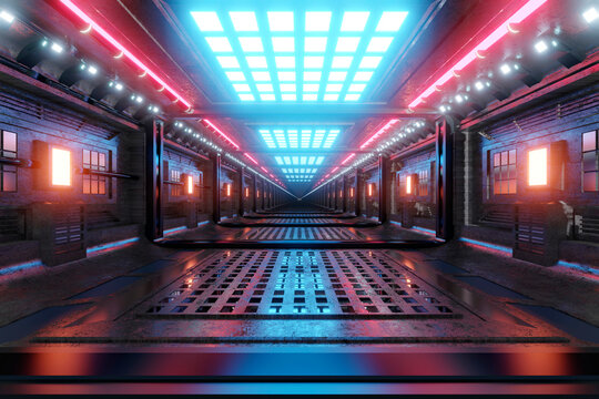 Three dimensional render of straight futuristic corridor inside spaceship or space station