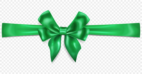 Beautiful green bow with horizontal ribbon with shadow, isolated on transparent background. Transparency only in vector format