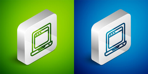 Isometric line Laptop with browser window icon isolated on green and blue background. Computer notebook with empty screen sign. Silver square button. Vector