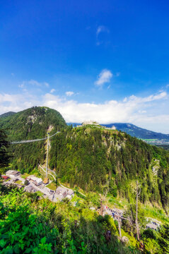 Austria, Tyrol, Reutte, Ehrenberg Castle overlooking village below