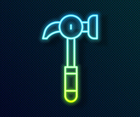 Glowing neon line Hammer icon isolated on black background. Tool for repair. Vector