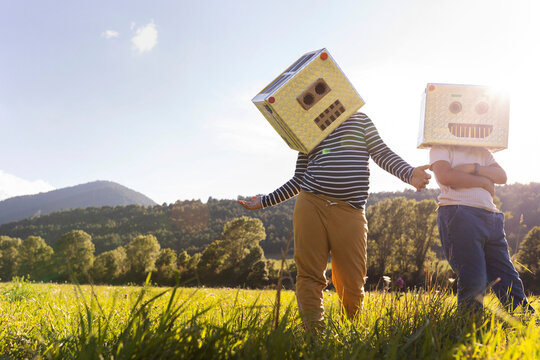 Boys enjoying while playing with robot cardboard box in meadow