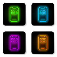 Glowing neon line Mobile Apps icon isolated on white background. Smartphone with screen icons, applications. mobile phone showing screen. Black square button. Vector