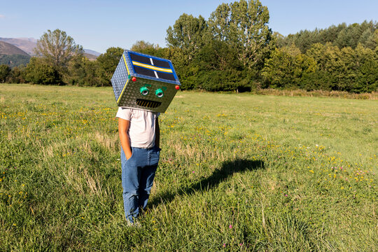 Boy with smiling cardboard box on face standing in meadow