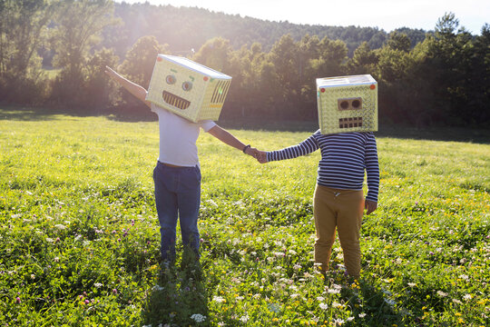 Boys face covered with box holding hands while standing on grass