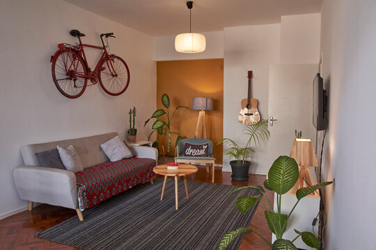Living room with vintage bicycle hanging on the wall
