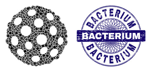 Geometric mosaic bacterium spore, and Bacterium unclean seal. Violet seal includes Bacterium text inside circle shape. Vector bacterium spore mosaic is constructed of scattered spheric, triangle,