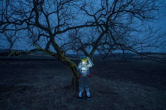 Spacewoman discovering a tree in the evening