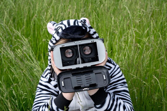 Boy wearing zebra costume using VR simulator while sitting on grass