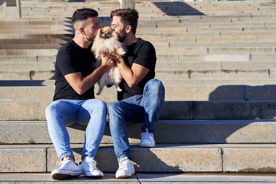 Gay couple kissing dog while sitting on steps outdoors