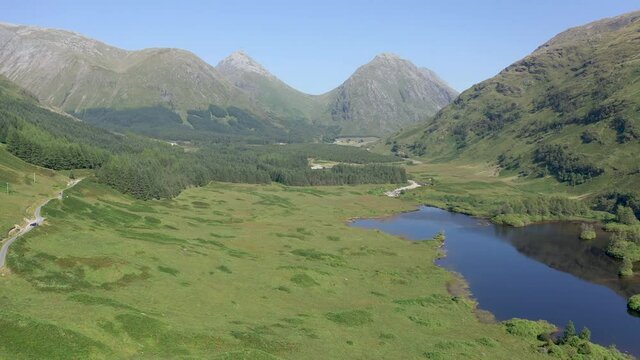 Aerial view of a spectacular Scottish Glen on a beautiful summers day (Glen Etive, Glencoe, Scotland)
