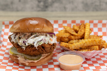 Spicy hot chicken sandwich topped with cole slaw with a dipping sauce