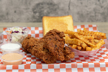 Three huge spicy hot chicken strips served with cole slaw, toast, and two dipping sauces
