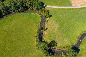 Aerial view of kayakers on Grosse Lauter river in summer