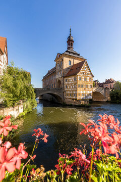 Germany, Bavaria, Bamberg, River Regnitz and old town hall in spring