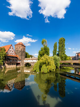 Germany, Bavaria, Nuremberg, River Pegnitz,&Ocirc;&oslash;&Omega;Weinstadel and Wasserturm on sunny day