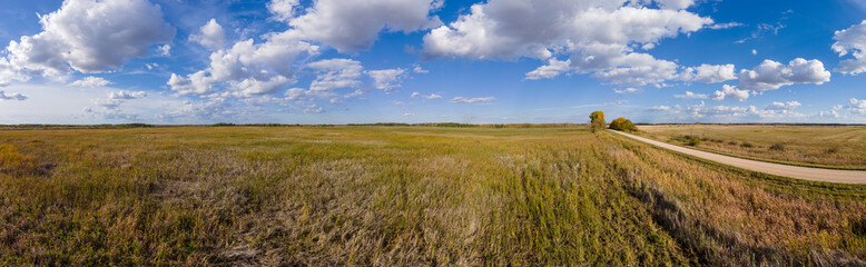 Autumn colored farm fields under a blue sky with white clouds and a dirt road along one side of the image.
