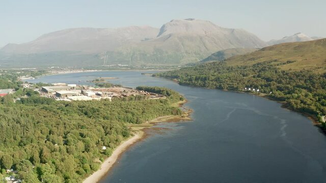 Aerial view of the Scottish Highlands town of Fort William, Loch Eil and Ben Nevis in the background