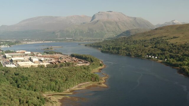 Aerial view of the Scottish Highlands town of Fort William, Loch Eil and Ben Nevis in the background