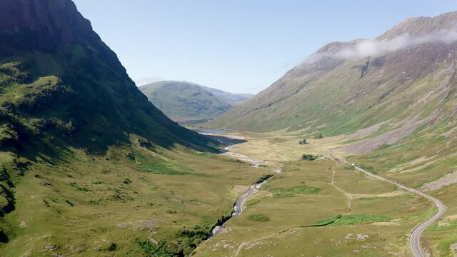 Aerial view of the spectacular Glen Coe valley in the highlands of Scotland