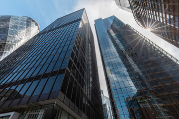 UK, London, Modern skyscrapers on a sunny day, worm's eye view