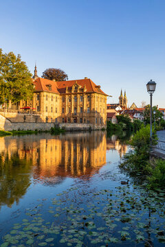 Germany, Bavaria, Bamberg, Villa Concordia reflecting in river Regnitz